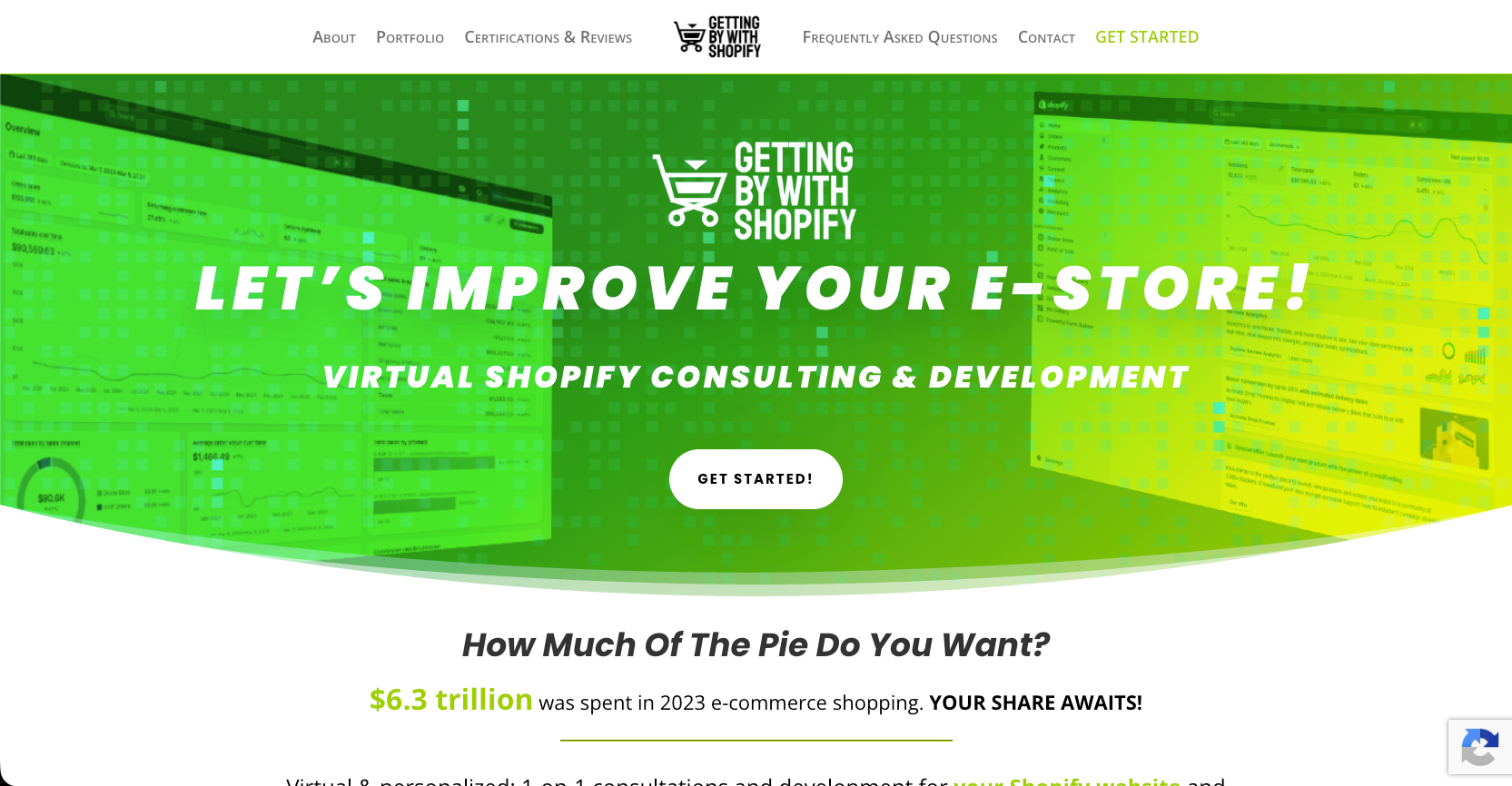 A promotional webpage header for 'Getting By With Shopify' featuring a bright green and yellow gradient banner with the text 'LET'S IMPROVE YOUR E-STORIE!' and a 'GET STARTED!' button. The Shopify logo is visible, and the page includes navigation links and e-commerce-themed content below.