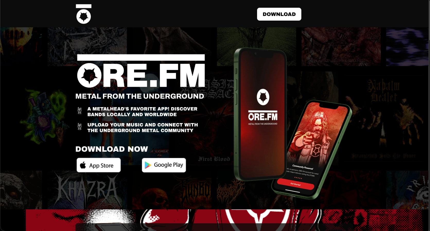 Promotional graphic for the ORE.FM metal music app, showing the app logo, download callouts, and screenshots of the mobile interface on a dark themed background with band names including Khrazra.